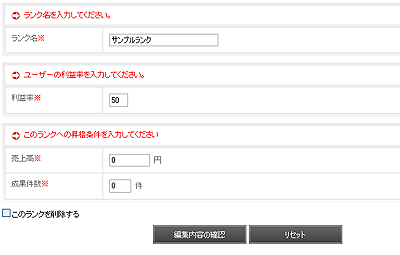 ユーザーランクの編集画面