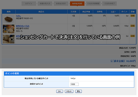 ショッピングカートで決済(注文)を行っている画面の例