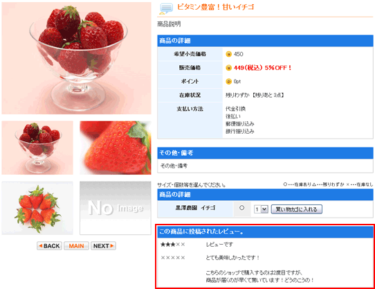 商品ページに表示されている商品レビューの例