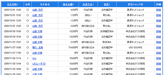 モール管理者から見た注文履歴の一覧