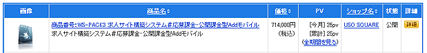 モール管理者による登録商品の検索結果の各項目
