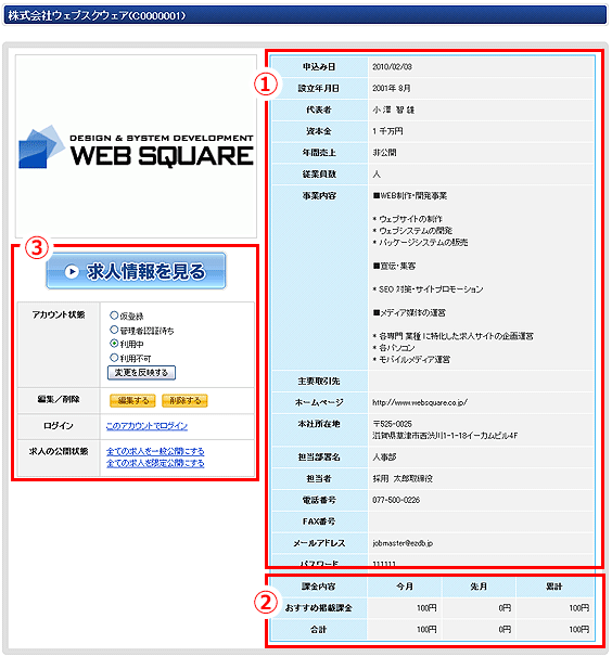 企業情報の詳細ページ