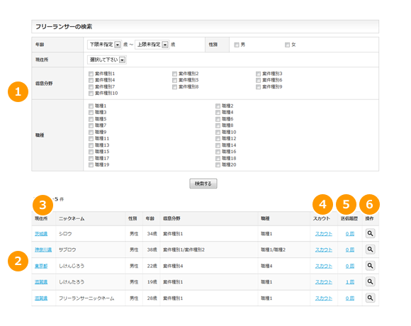 フリーランサー検索画面