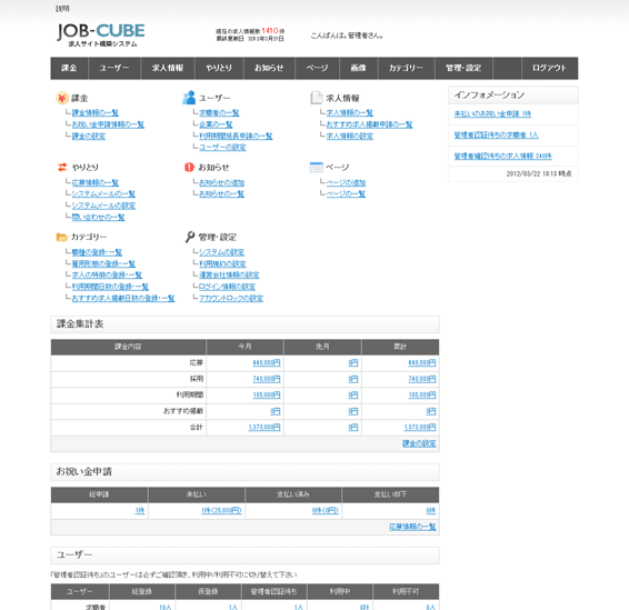 JOB-CUBEの管理者のフロント画面