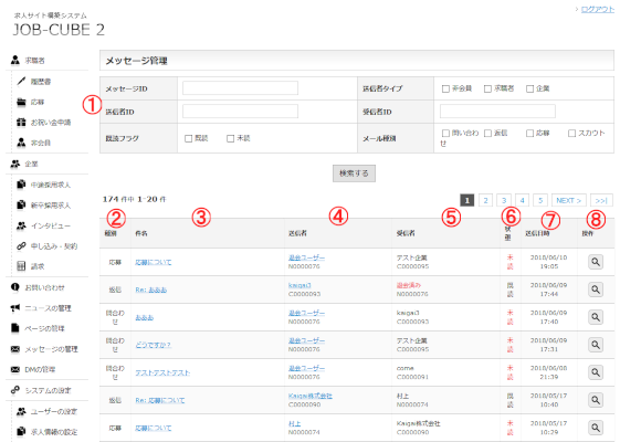 JOB-CUBEのシステムメールの一覧