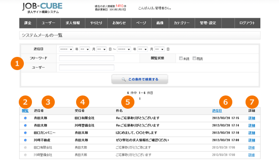 JOB-CUBEのシステムメールの一覧