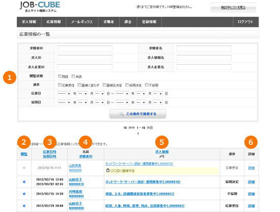 JOB-CUBEの応募情報の一覧