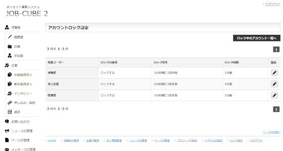アカウントロック設定の一覧